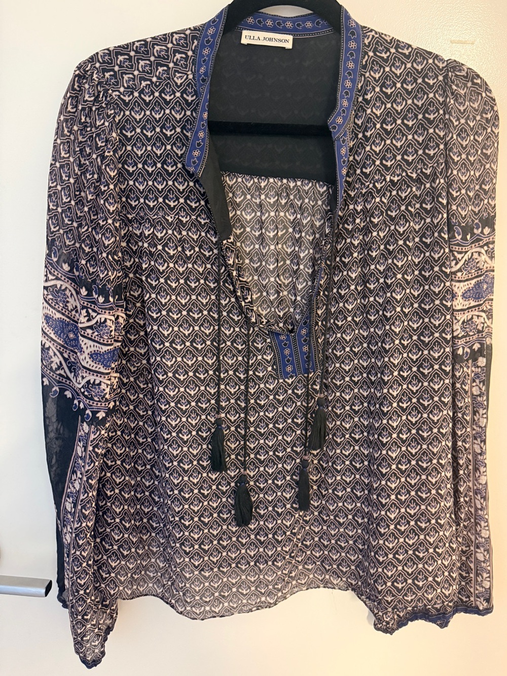 Ulla Johnson Blue Printed Tassel Tie Boho Blouse